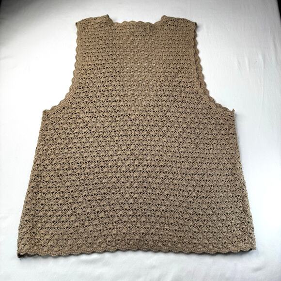 Crochet Sweater Vest Beige Ramie Cotton Large Boho Cottage Retro Hippy Festival - Picture 9 of 9
